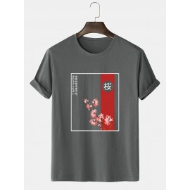 Mens Floral Japanese Graphic Crew Neck Short Sleeve Cotton T-Shirts
