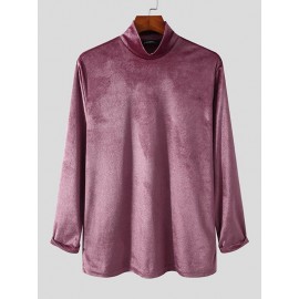 Men Suede High Neck Long Sleeve T-Shirt