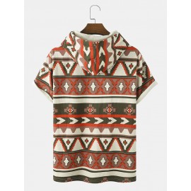 Mens All Over Colorful Geometric Print Corduroy Short Sleeve Hooded T-Shirts
