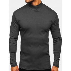 Mens Solid Color High Neck Plain Basics Long Sleeve T-Shirts