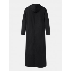 Men Cotton Middle Robe Solid Long Sleeve Hooded T-Shirt