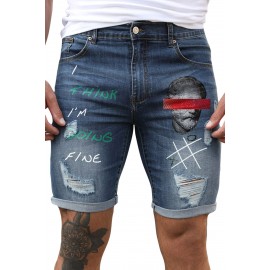 Blue Figure Letter Printed Skinny Fit Men's Denim Shorts