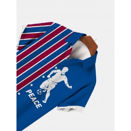 Mens Striped World Soccer Print Patchwork Short Sleeve Shirts