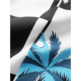 Mens Palm Tree Checkered Print Revere Holiday Short Sleeve Shirts