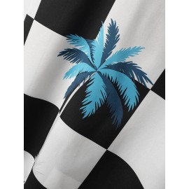 Mens Palm Tree Checkered Print Revere Holiday Short Sleeve Shirts