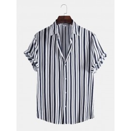 Mens Black Stripe Print Button Up Short Sleeve Lapel Casual Shirt