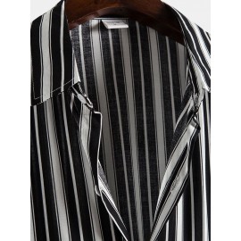 Mens Black Stripe Print Button Up Short Sleeve Lapel Casual Shirt