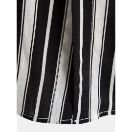 Mens Black Stripe Print Button Up Short Sleeve Lapel Casual Shirt