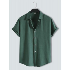 Mens Pure Color Lapel Button Up Cotton Basics Short Sleeve Shirts