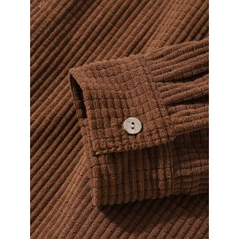 Mens Corduroy Solid Color Button Casual Long Sleeve Shirts With Pocket